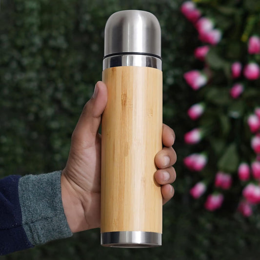 Steel Bamboo Thermos flask Hot Cold Insulated Coffee Mug For Travel 1pc
