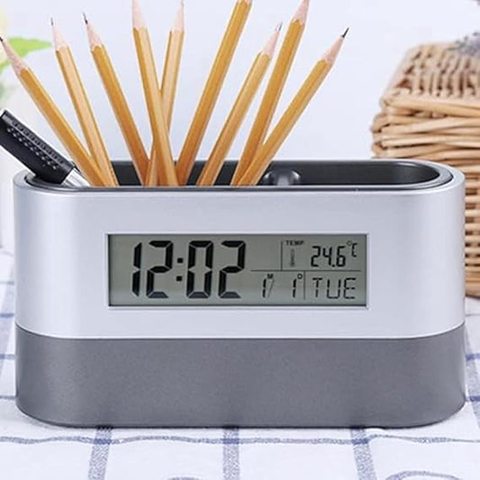 Digital Table Clock With Pen Holder, Home Office Essentials 1pc