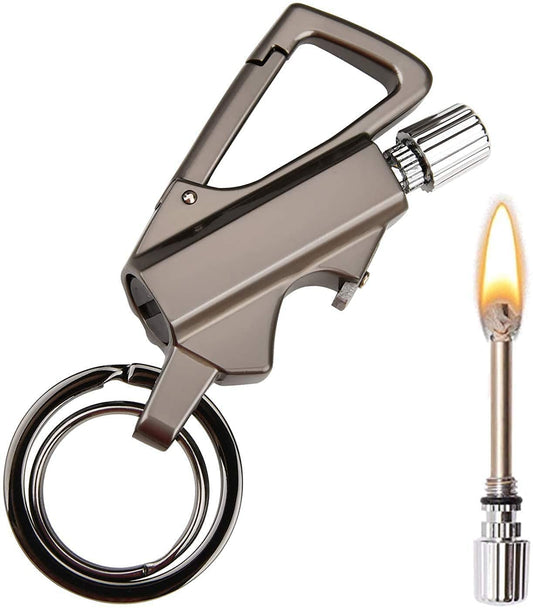 Metal keychain with carabiner and lighter on a white background