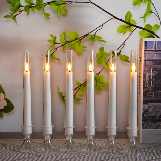 Flameless Taper LED Candles with Remote & Timer – 3D Flickering Wick, Battery Operated Window Candles for Christmas, Wedding & Home Décor white Pack of 6