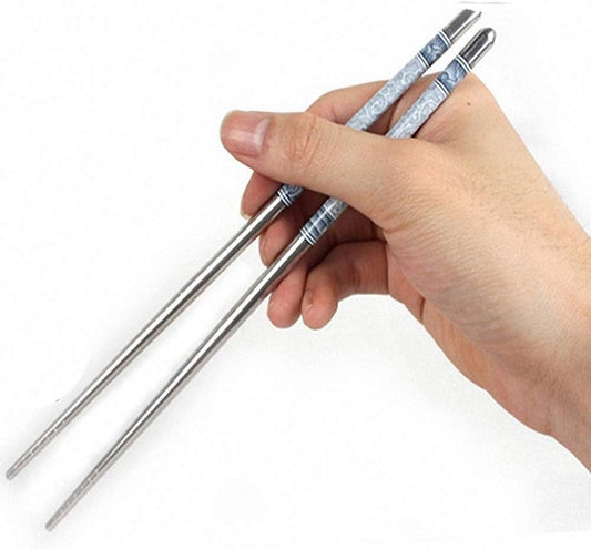 Stainless Steel Chopsticks Reusable – Blue & White Porcelain Print, Flat Long Handle Metal Chopsticks for Home, Kitchen & Restaurant Use Silver 1 Pair