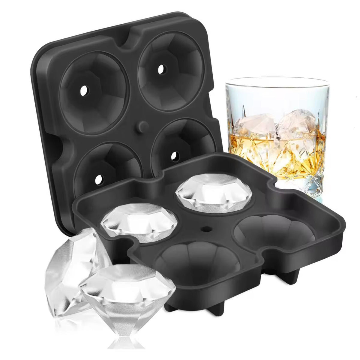 Diamond Ice Cube Mold – Reusable Silicone Ice Tray with 4 Diamond Cavities, Easy Release Whiskey Ice Maker with Funnel for Cocktails & Drinks Black 1pc