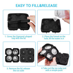 Diamond Ice Cube Mold – Reusable Silicone Ice Tray with 4 Diamond Cavities, Easy Release Whiskey Ice Maker with Funnel for Cocktails & Drinks Black 1pc
