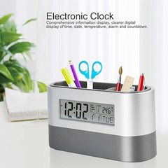 Digital Table Clock With Pen Holder, Home Office Essentials 1pc