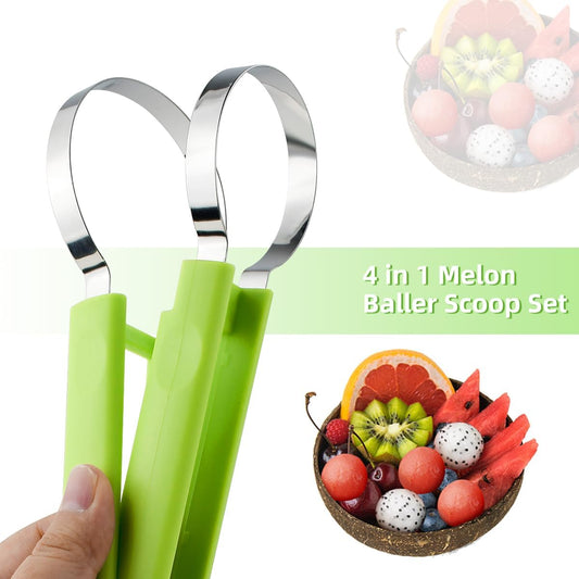 4-in-1 Fruit Carving Tool Set – Stainless Steel Melon Baller Scoop, Double-Sided Fruit Scooper, Seed Remover & Watermelon Knife for Garnishing Green 1pc