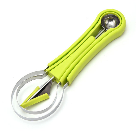 4-in-1 Fruit Carving Tool Set – Stainless Steel Melon Baller Scoop, Double-Sided Fruit Scooper, Seed Remover & Watermelon Knife for Garnishing Green 1pc