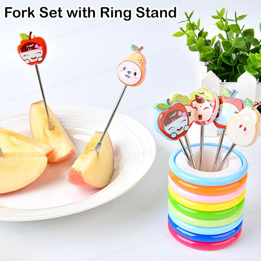 Cartoon Fruit Fork Set with Stand – Kids Stainless Steel Fruit Picks, Color Ring Holder, 8 Cute Forks for Snacks, Parties & Desserts, Multicolor 8pc