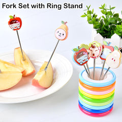Cartoon Fruit Fork Set with Stand – Kids Stainless Steel Fruit Picks, Color Ring Holder, 8 Cute Forks for Snacks, Parties & Desserts, Multicolor 8pc