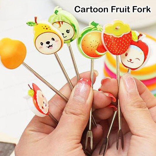 Cartoon Fruit Fork Set with Stand – Kids Stainless Steel Fruit Picks, Color Ring Holder, 8 Cute Forks for Snacks, Parties & Desserts, Multicolor 8pc