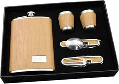 Hip Flask with Wooden Chess Box Gift Set – Stainless Steel Leather Flask, Full Wooden Chess Board, Shot Glasses & Spoons, Travel Game for Men Brown 1pc