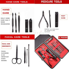Manicure Nail Clippers Set – 12 in 1 Stainless Steel Pedicure & Manicure Grooming Kit for Men & Women with Travel Case Black 1pc