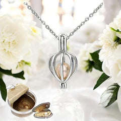 Oyster Pearl Necklace Kit with Cage Pendant | Real Oyster Pearl Opening DIY Surprise Jewelry Set with Silver Chain for Women & Girls 1pc Silver