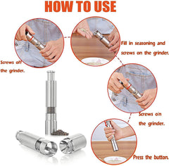 Stainless Steel Salt & Pepper Grinder – Manual Refillable Thumb Push Button Spice Mill, Compact Silver Peppercorn Grinder (1 Pc)