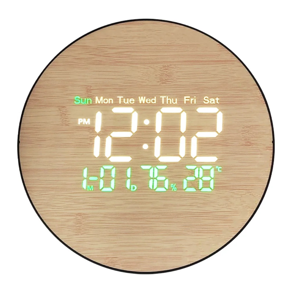 Round Wood-Effect LED Digital Clock with Remote, Temperature Display, Wall & Table Mount, 26 cm