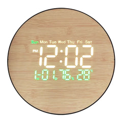 Round Wood-Effect LED Digital Clock with Remote, Temperature Display, Wall & Table Mount, 26 cm