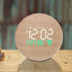 Round Wood-Effect LED Digital Clock with Remote, Temperature Display, Wall & Table Mount, 26 cm