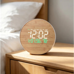Round Wood-Effect LED Digital Clock with Remote, Temperature Display, Wall & Table Mount, 26 cm