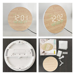 Round Wood-Effect LED Digital Clock with Remote, Temperature Display, Wall & Table Mount, 26 cm