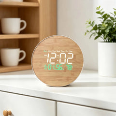Round Wood-Effect LED Digital Clock with Remote, Temperature Display, Wall & Table Mount, 26 cm