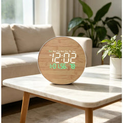 Round Wood-Effect LED Digital Clock with Remote, Temperature Display, Wall & Table Mount, 26 cm