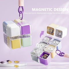 Rubik Cube Pill Box Keychain – Magnetic Mini Medicine Organizer for Travel, Vitamins & Daily Use Portable Tablet Holder with Key Ring Multicolor 1pc