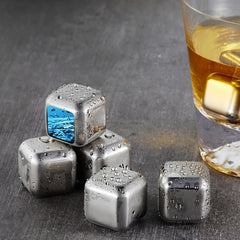 Reusable Stainless Steel Ice Cubes Set of 6 with Tongs & Tray – Whiskey Stones for Chilling Drinks, Food-Grade Metal Ice Cubes for Bar, Parties & Gifting Silver 6pc