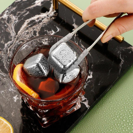 Reusable Stainless Steel Ice Cubes Set of 6 with Tongs & Tray – Whiskey Stones for Chilling Drinks, Food-Grade Metal Ice Cubes for Bar, Parties & Gifting Silver 6pc