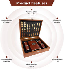 Whiskey Gift Set for Men with Wooden Chess Board, 8oz Stainless Steel Hip Flask, 4 Cups & Funnel, Leather Case – Bourbon Scotch Travel Gift Brown 1pc