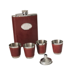 Whiskey Gift Set for Men with Wooden Chess Board, 8oz Stainless Steel Hip Flask, 4 Cups & Funnel, Leather Case – Bourbon Scotch Travel Gift Brown 1pc
