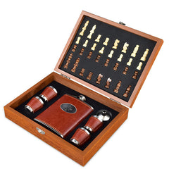 Whiskey Gift Set for Men with Wooden Chess Board, 8oz Stainless Steel Hip Flask, 4 Cups & Funnel, Leather Case – Bourbon Scotch Travel Gift Brown 1pc
