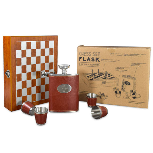 Whiskey Gift Set for Men with Wooden Chess Board, 8oz Stainless Steel Hip Flask, 4 Cups & Funnel, Leather Case – Bourbon Scotch Travel Gift Brown 1pc