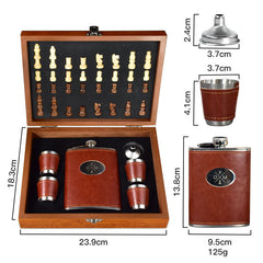 Whiskey Gift Set for Men with Wooden Chess Board, 8oz Stainless Steel Hip Flask, 4 Cups & Funnel, Leather Case – Bourbon Scotch Travel Gift Brown 1pc
