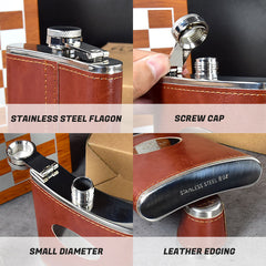 Whiskey Gift Set for Men with Wooden Chess Board, 8oz Stainless Steel Hip Flask, 4 Cups & Funnel, Leather Case – Bourbon Scotch Travel Gift Brown 1pc