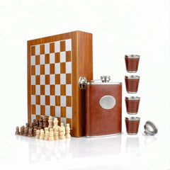 Whiskey Gift Set for Men with Wooden Chess Board, 8oz Stainless Steel Hip Flask, 4 Cups & Funnel, Leather Case – Bourbon Scotch Travel Gift Brown 1pc