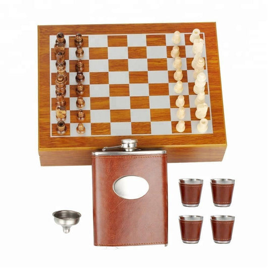 Whiskey Gift Set for Men with Wooden Chess Board, 8oz Stainless Steel Hip Flask, 4 Cups & Funnel, Leather Case – Bourbon Scotch Travel Gift Brown 1pc