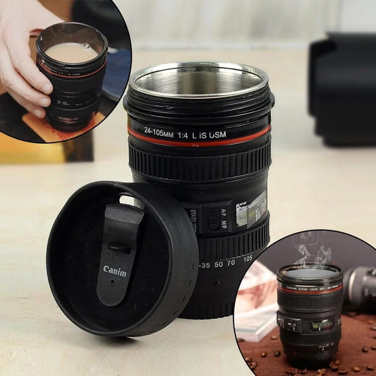 Camera Lens Mug – Steel Insulated Coffee & Tea Travel Mug with Leak-Proof Lid, Unique Photography Gift 1pc