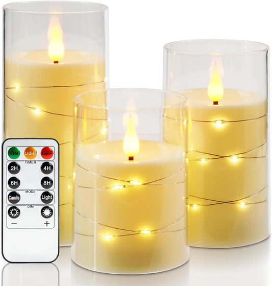 LED Flameless Candles with Fairy Lights – Battery Operated Acrylic Fake Candles for Home Décor, Weddings, Festivals & Romantic Lighting Ivory White Set Of 3