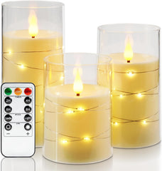 LED Flameless Candles with Fairy Lights – Battery Operated Acrylic Fake Candles for Home Décor, Weddings, Festivals & Romantic Lighting Ivory White Set Of 3