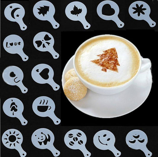 Coffee Stencils Latte Art Templates Reusable Cappuccino Cake Decorating Molds for Barista Coffee, Cookies, Baking, DIY Dessert Decor Transperant 16pc