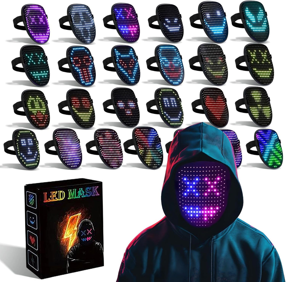 LED Face Mask with Gesture Control – RGB Animated Light Up Rechargeable Mask for Cosplay, Parties, Festivals & Halloween 1pc