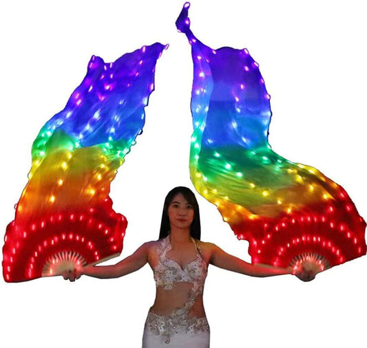 LED Long Fan Veil for Belly Dance – Light Up Silk Rainbow Dance Fan Props for Stage Performance, Festivals, Costume & Events Random 1pc