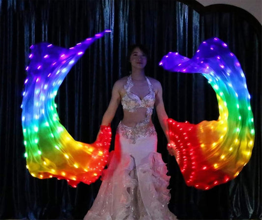 LED Long Fan Veil for Belly Dance – Light Up Silk Rainbow Dance Fan Props for Stage Performance, Festivals, Costume & Events Random 1pc