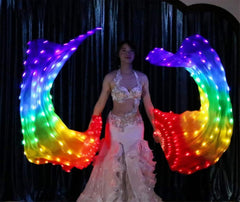LED Long Fan Veil for Belly Dance – Light Up Silk Rainbow Dance Fan Props for Stage Performance, Festivals, Costume & Events Random 1pc