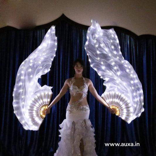 LED Silk Fan Veil for Belly Dance – Light Up Illuminated Dance Fan Props for Stage Performance, Worship, Rave & Costume Parties White 1 pair