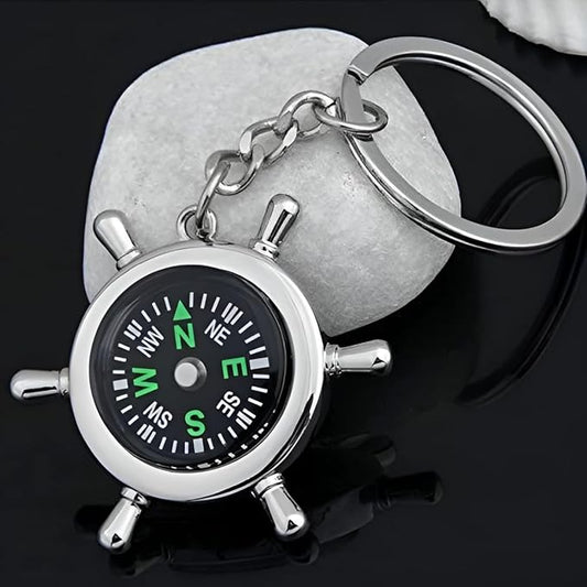 Mini Compass Keychain with Ship Wheel Design | Pocket-Size Direction Finder Key Ring for Travel, Adventure, Hiking & Outdoor Enthusiasts steel 1pc