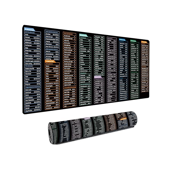 Mousepad Shortcuts Large Extended Desk Mat – Anti-Slip Keyboard & Computer Mat with PS, AI, CDR, PR, Word, Excel, PPT Shortcut Keys Black 1pc
